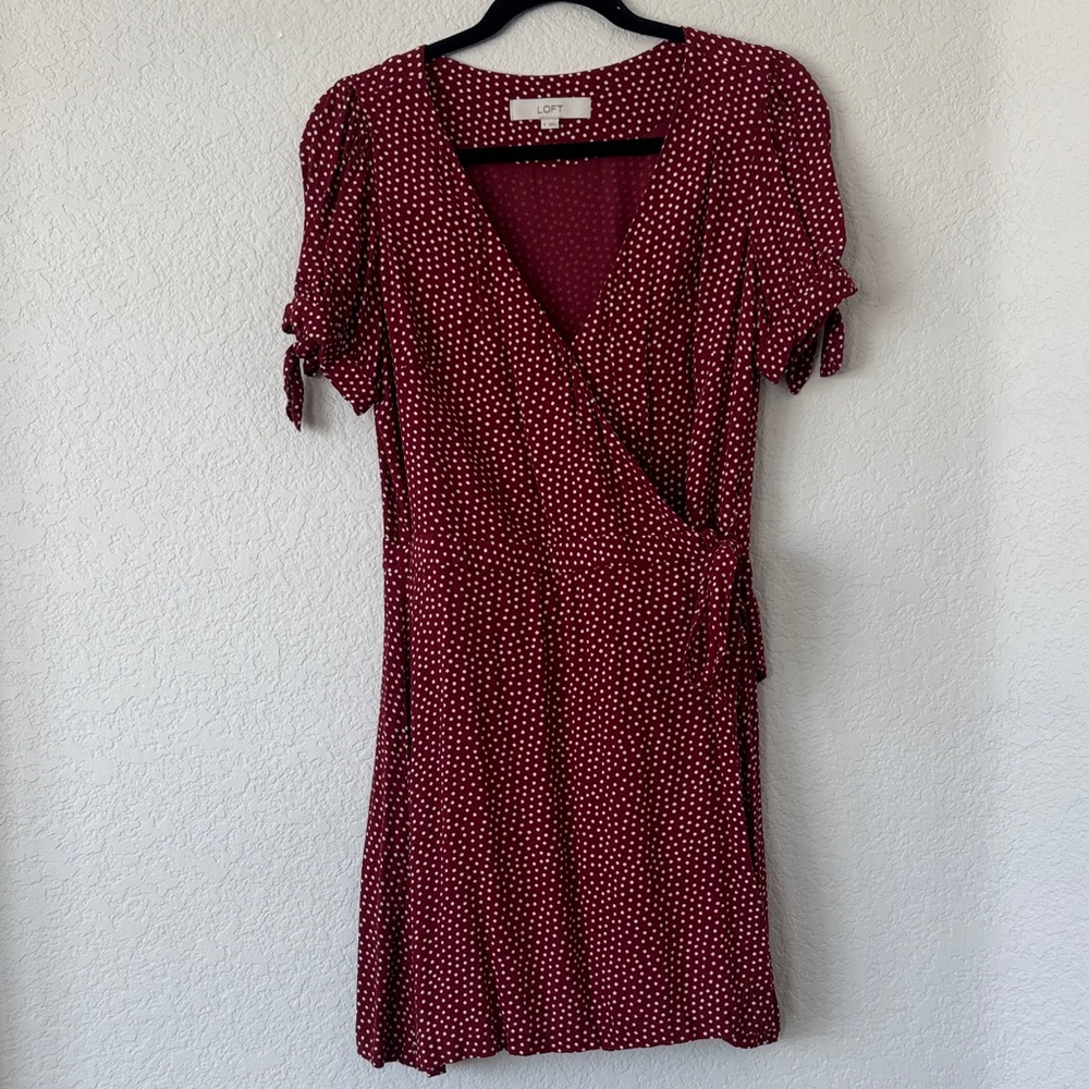 LOFT Burgundy Polka Dot Wrap Mini Dress